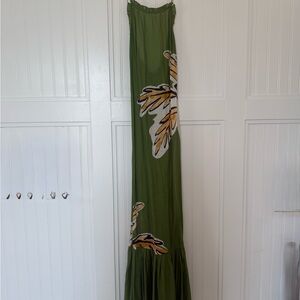 Olive Green and Floral Spaghetti Strap Maxi Dress with Sexy Back